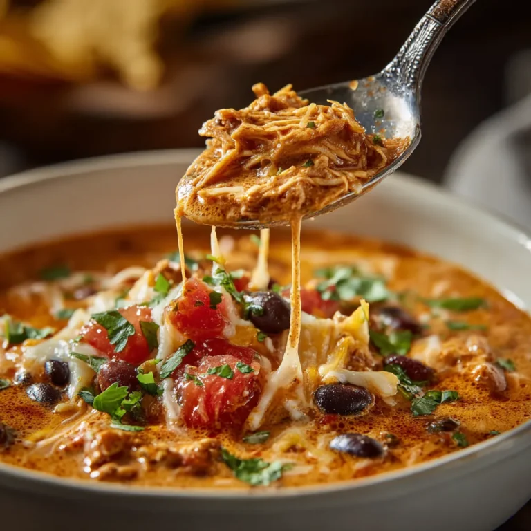 High Protein Creamy Taco Soup 3 Close-up of creamy taco soup with shredded chicken, beef, beans, tomatoes, cheese, and cilantro in a rustic bowl.