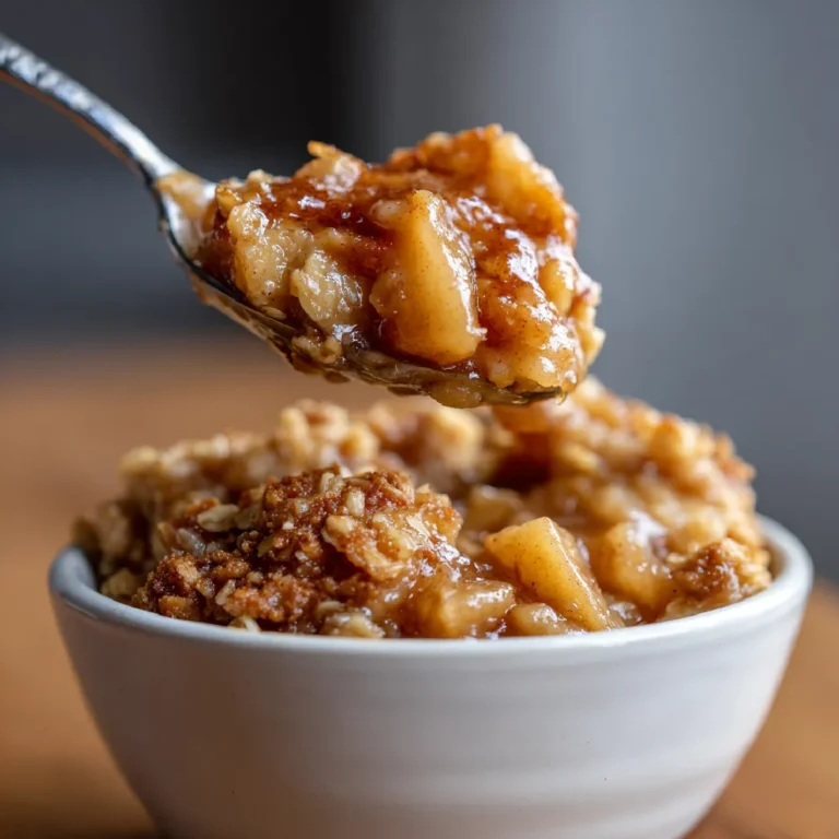 Apple Cobbler Recipe 3 Close-up of oatmeal apple cobbler recipe showing gooey cinnamon apples and crispy oat topping in a white bowl.