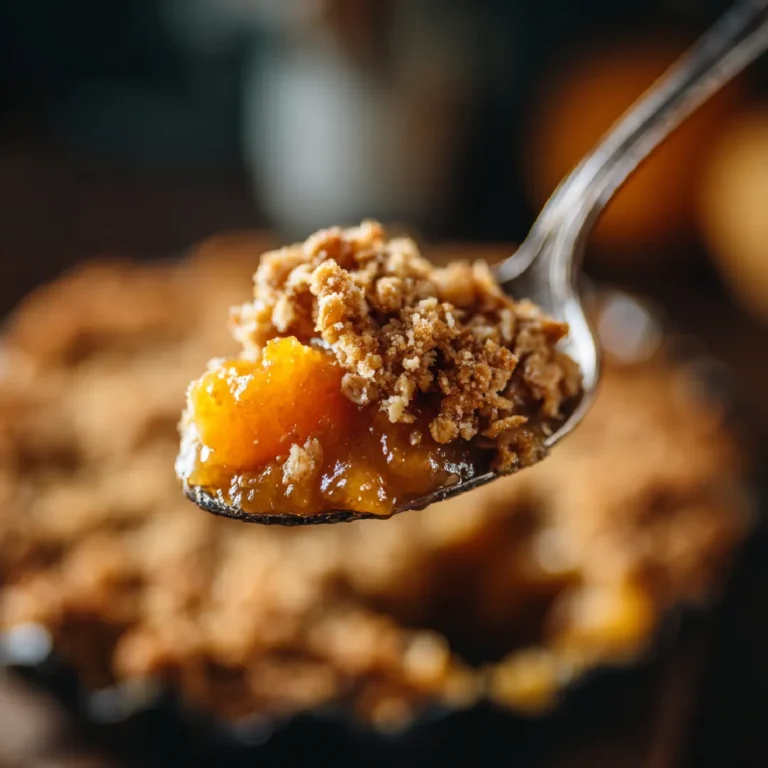 Pumpkin Pie Crisp Recipe 3 Close-up of a spoonful of pumpkin pie crisp showing gooey filling and crispy oat topping.
