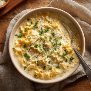 Creamy Alfredo lasagna soup in a rustic bowl, topped with Parmesan and parsley, set on a wooden table.