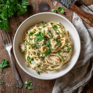 Overhead view of creamy crockpot garlic parmesan chicken pasta in a white bowl