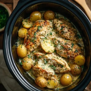 Top-down view of creamy garlic parmesan crockpot chicken and potatoes, garnished with herbs and parmesan.