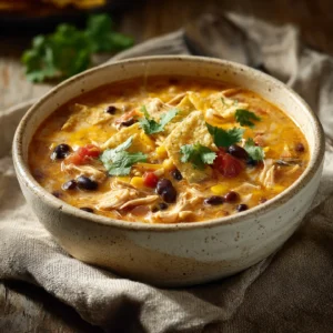 Overhead view of creamy high protein taco soup with chicken, beans, tomatoes, cheese, and tortilla chips in a rustic bowl.