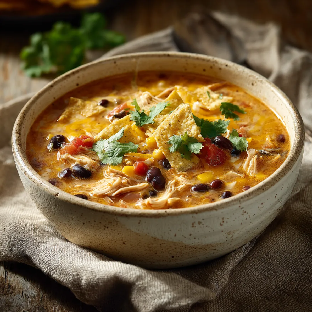 creamy-high-protein-taco-soup-overhead Overhead view of creamy high protein taco soup with chicken, beans, tomatoes, cheese, and tortilla chips in a rustic bowl.