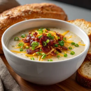 Creamy loaded potato soup in a rustic bowl topped with cheese, crispy bacon, and green onions