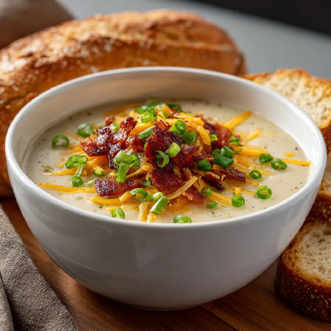 creamy-loaded-potato-soup-rustic-bowl Creamy loaded potato soup in a rustic bowl topped with cheese, crispy bacon, and green onions