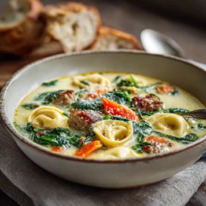 Creamy tortellini soup with cheese tortellini, spinach, and parmesan in a rustic bowl