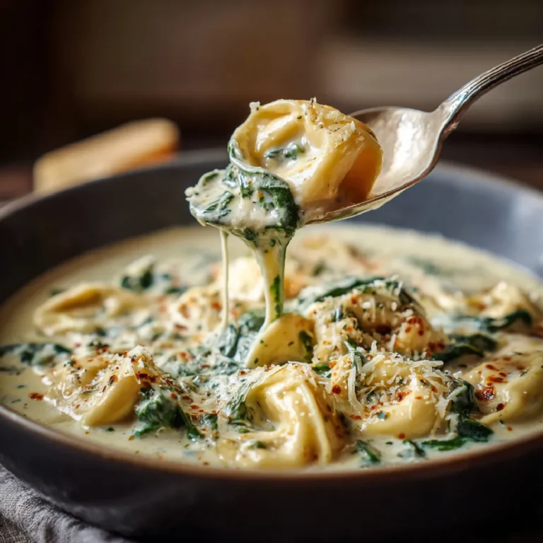 Creamy Tortellini Soup 3 Close-up of spoonful of creamy tortellini soup with filled pasta and melted cheese
