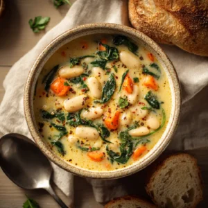 Overhead view of creamy white bean soup in a ceramic bowl with bread and herbs