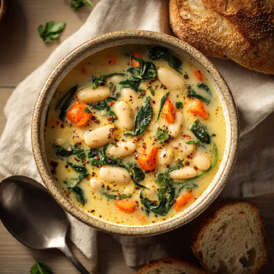 creamy-white-bean-soup-spinach-carrots-overhead Overhead view of creamy white bean soup in a ceramic bowl with bread and herbs