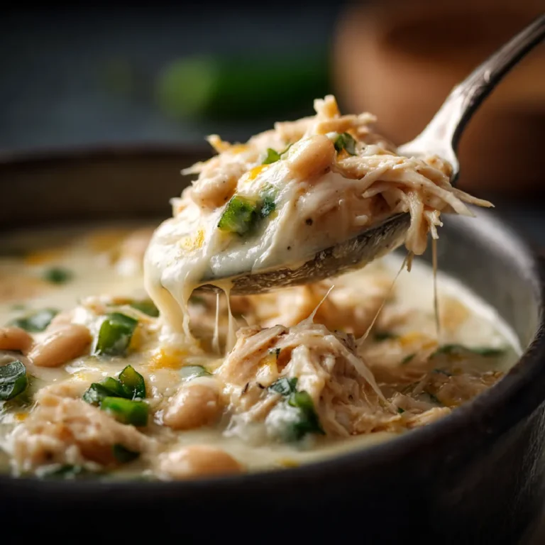 White Chicken Chili 3 Close-up of creamy white chicken chili with shredded chicken, beans, and melted cheese on a spoon.