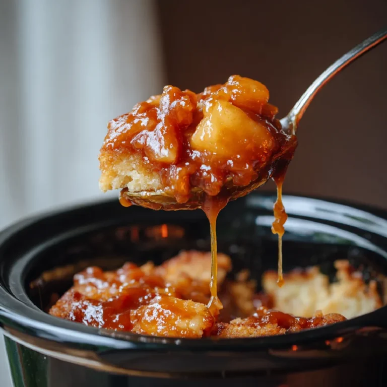 Crockpot Caramel Apple Dump Cake 3 Close-up of crockpot caramel apple dump cake being scooped from a crockpot with gooey caramel and tender apples