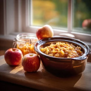 Crockpot caramel apple dump cake, surrounded by apples and caramel in a warm fall kitchen.