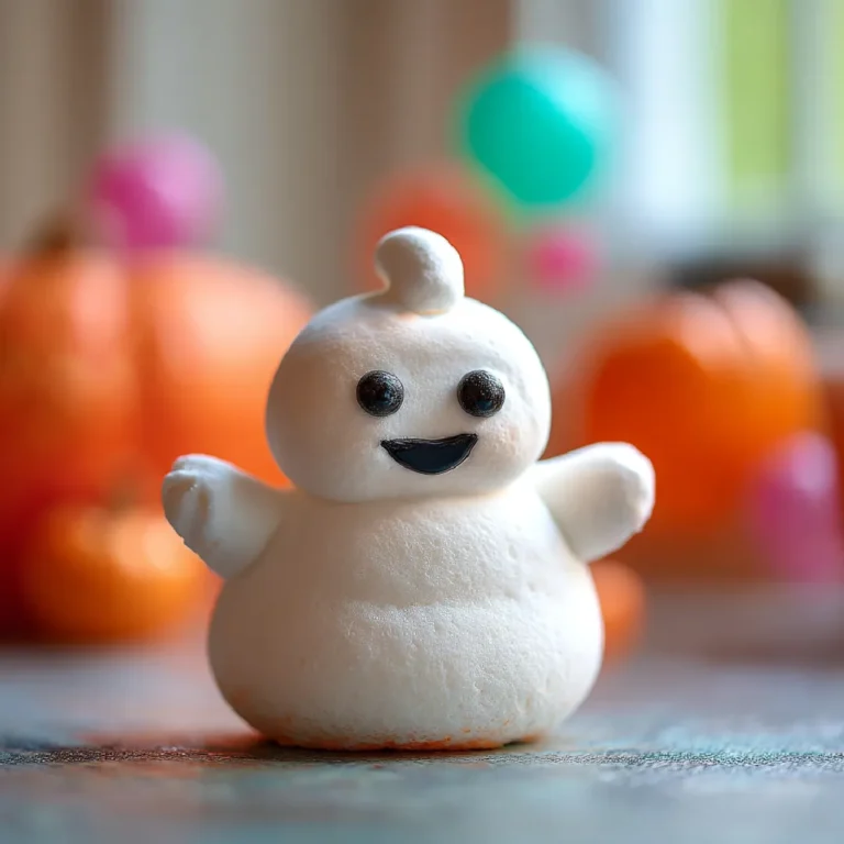 Ghostbusters Stay Puft Marshmallows (Fun Halloween Treat) 3 Close-up of a smiling ghost marshmallow treat with Halloween party background.
