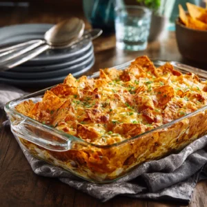 Dorito casserole with ground beef on plate with melted cheese and chips