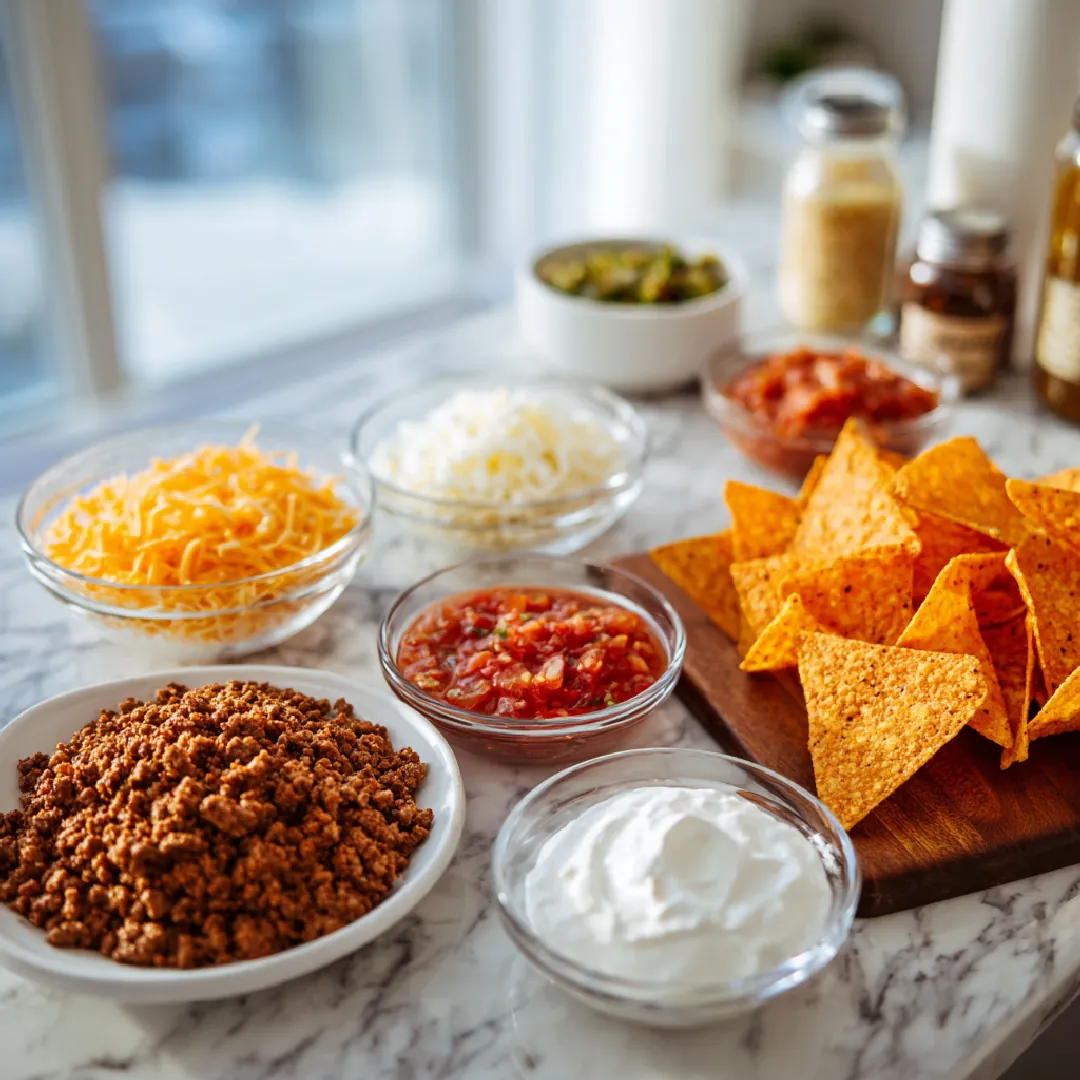dorito-casserole-ingredients-table Ingredients for Dorito casserole with ground beef on table