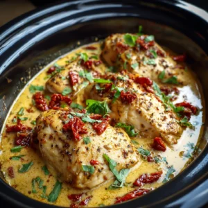Overhead view of crockpot Marry Me Chicken with creamy sauce, basil, and sun-dried tomatoes.