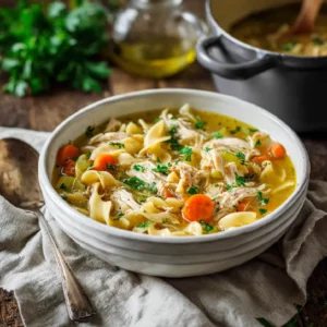 Bowl of homemade chicken noodle soup with egg noodles, tender rotisserie chicken, carrots, celery, and fresh herbs in a golden broth.