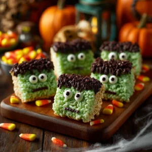 Top view of Frankenstein Rice Krispie Treats on a Halloween-themed party table