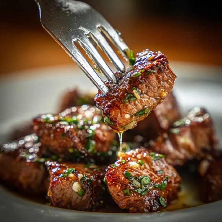 High Protein Slow Cooker Garlic Butter Beef Bites 3 Close-up of juicy garlic butter beef bite on a fork with melted butter and herbs.