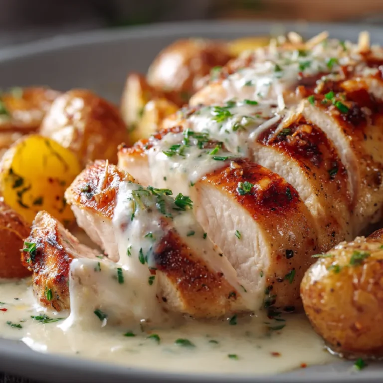 Garlic Parmesan Crockpot Chicken and Potatoes 3 Close-up of sliced garlic parmesan chicken breast in creamy sauce with baby potatoes and herbs.