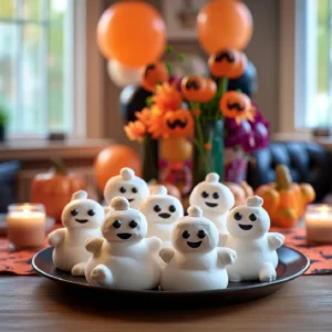 Ghostbusters Stay Puft Marshmallows treats on a platter at a Halloween party, with festive decorations.