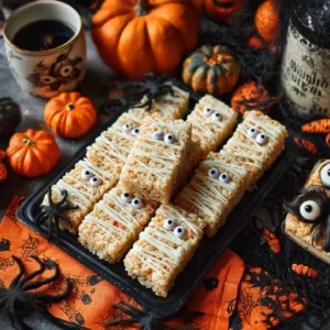 Overhead view of Halloween mummy treats made with rice krispies and candy eyes