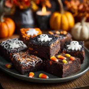 Tray of Halloween brownies decorated with spiderweb icing, candy eyes, and festive sprinkles, surrounded by pumpkins and fall party decor.