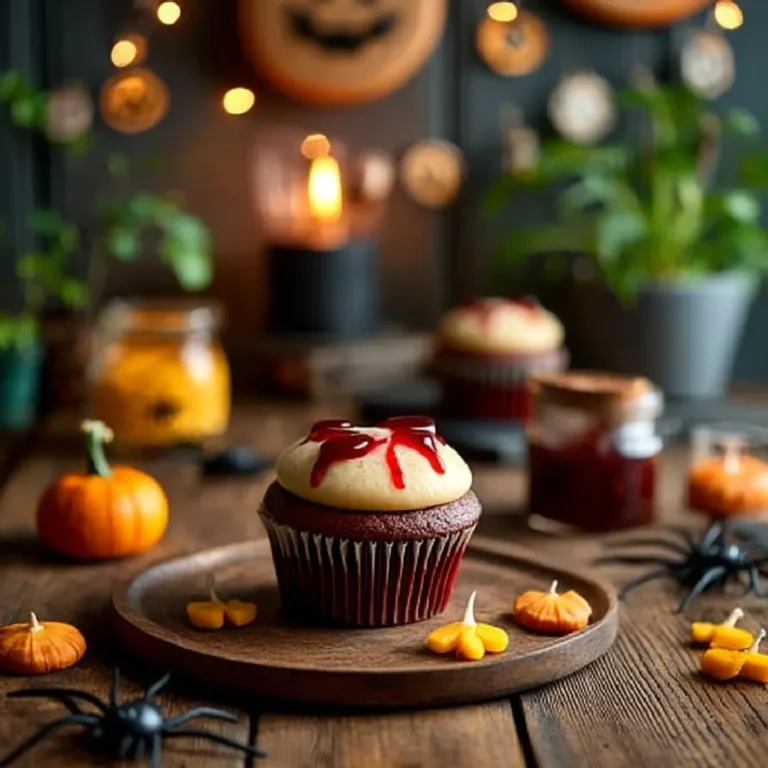 Halloween Vampire Bite Cupcakes 3 Close-up of a single Halloween Vampire Bite Cupcake in a dramatic Halloween setting.