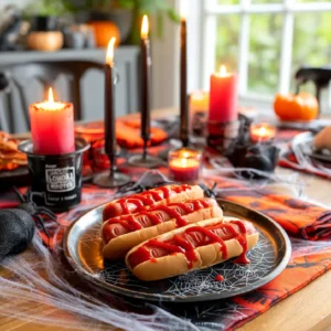 Halloween hot dog fingers with almond nails and ketchup blood on a spooky party table