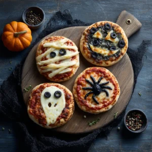 Overhead view of Halloween mini pizzas with spooky designs on a wooden board surrounded by festive decorations.