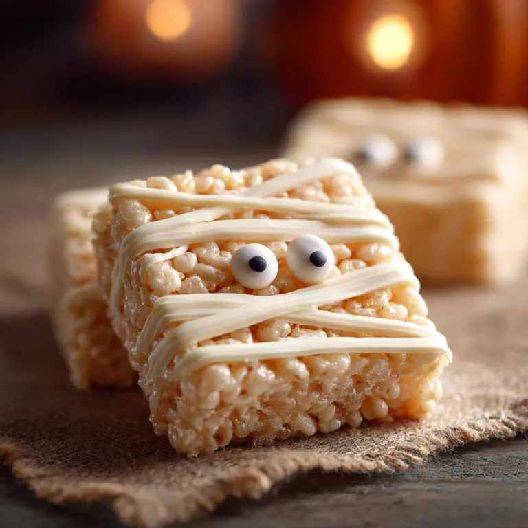 Halloween Mummy Treats 3 Close-up of a Halloween mummy rice krispie treat with candy eyes and white chocolate