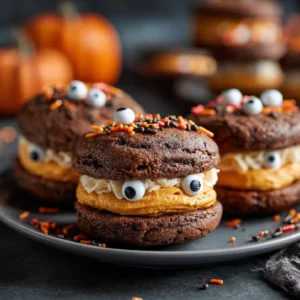Plate of Halloween whoopie pies with cream cheese filling and festive decorations