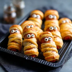 Overhead view of halloween sausage mummies wrapped in golden puff pastry with candy eyes on a black tray.