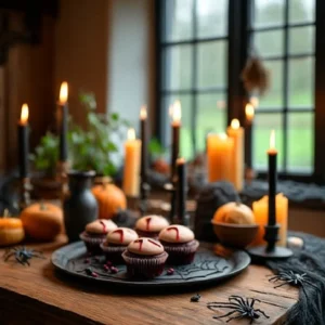 Red velvet vampire cupcakes with pale frosting and dripping red gel styled on a gothic table