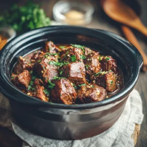 Overhead view of slow-cooked garlic butter beef bites in a crockpot, garnished with parsley.