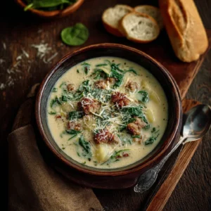 Italian Sausage and Potato Soup in a rustic bowl