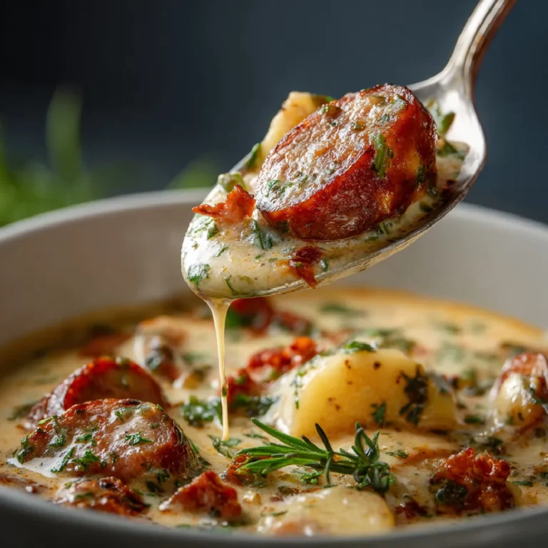 Italian Sausage and Potato Soup 3 Spoonful of rich, creamy sausage and potato soup with visible herbs and hearty ingredients.