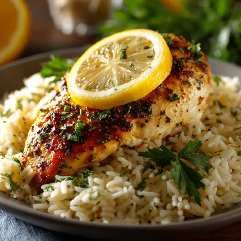 Slow Cooker Lemon Herb Chicken and Rice 3 Close-up of juicy lemon herb chicken breast over herbed rice with fresh lemon and parsley.