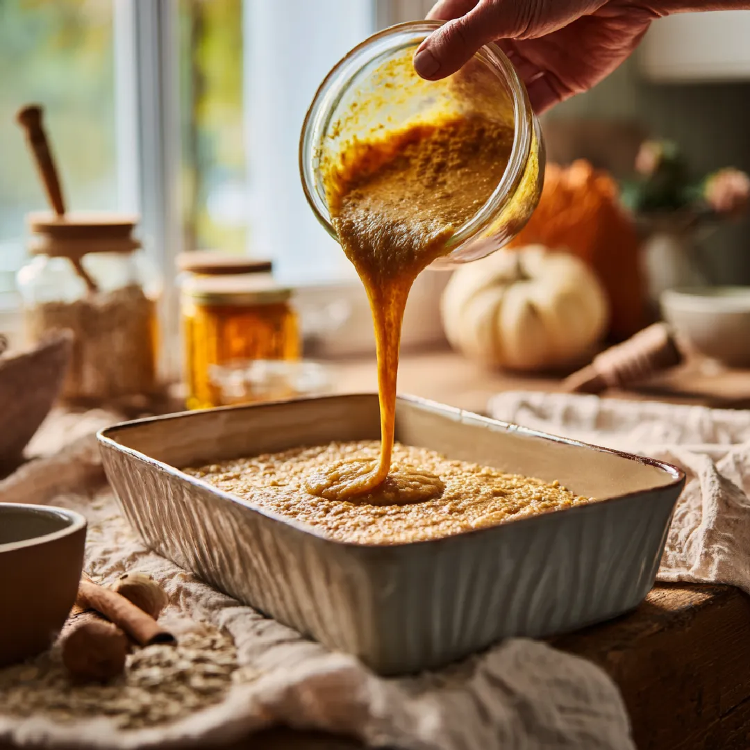 making-pumpkin-chocolate-baked-oatmeal preparing pumpkin chocolate baked oatmeal in a dish