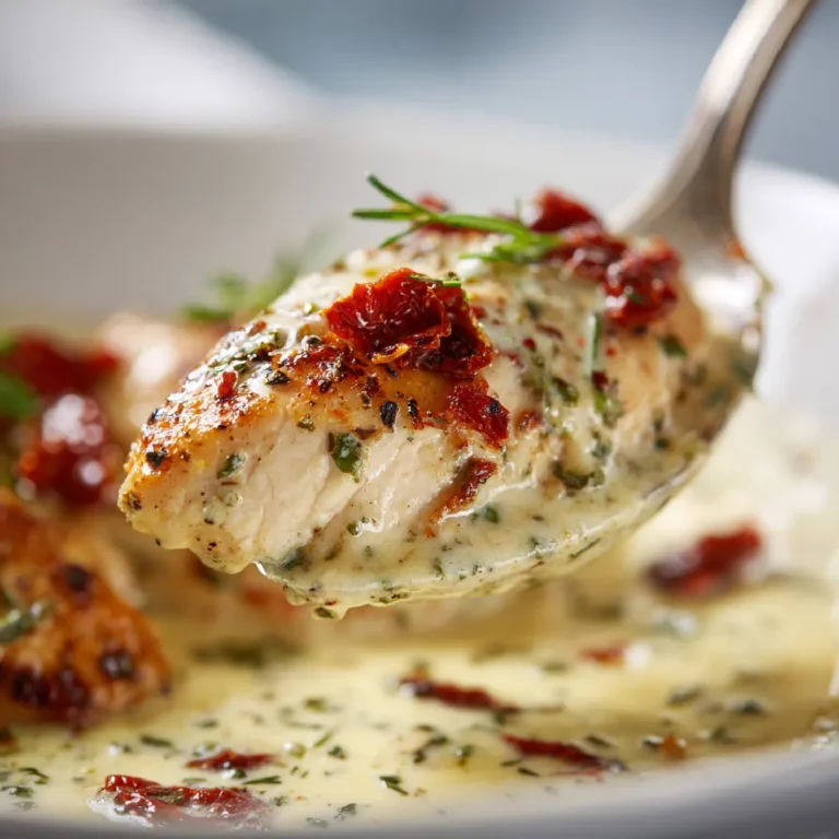 Dump & Go Crockpot Marry Me Chicken 3 Close-up of Marry Me Chicken in creamy sauce with basil and sun-dried tomato garnish.