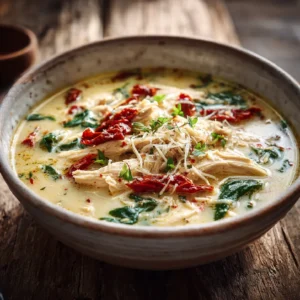 Marry Me Chicken Soup in a rustic bowl