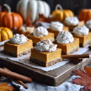 Tray of no bake pumpkin cheesecake bars with whipped cream, surrounded by fall decor on a rustic table