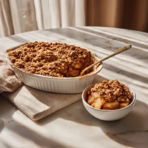 apple cobbler recipe with golden oat topping and cinnamon apples in a white dish and bowl on a marble surface