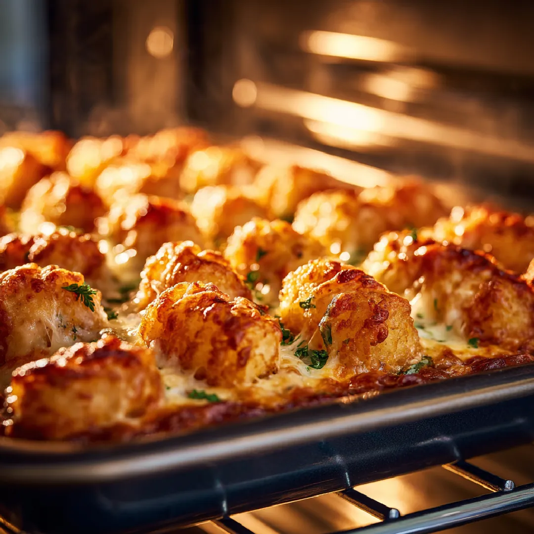 pizza-tater-tot-casserole-baking Pizza Tater Tot Casserole baking in oven with cheese melting