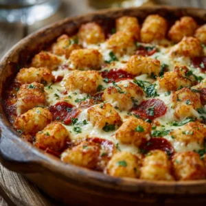 Pizza tater tot casserole baked with cheese and pepperoni