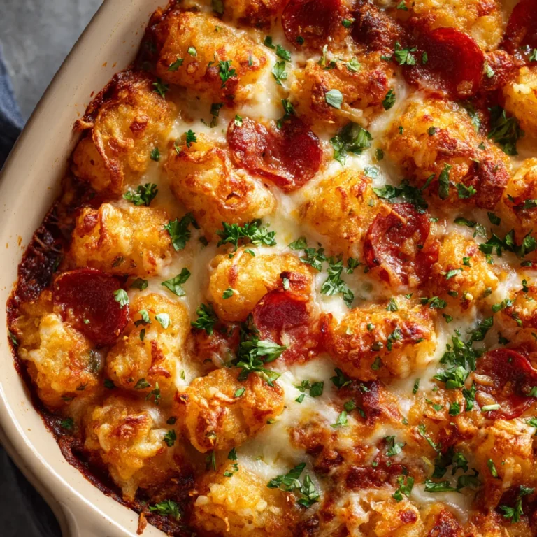 Pizza Tater Tot Casserole 3 Pizza Tater Tot Casserole fresh from oven with golden crispy topping