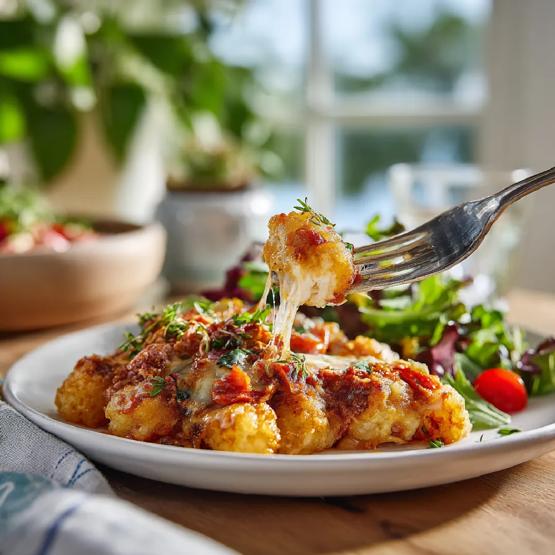 pizza-tater-tot-casserole-serving Serving of pizza tater tot casserole with salad