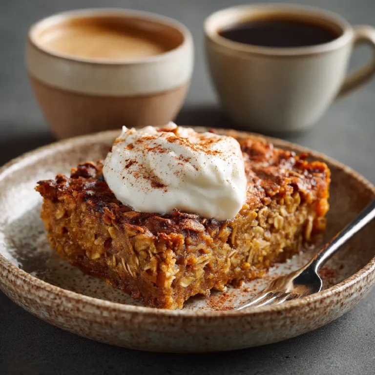 Pumpkin Baked oatmeal 3 Served slice of pumpkin baked oatmeal with yogurt