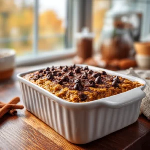 Pumpkin chocolate baked oatmeal fresh from oven